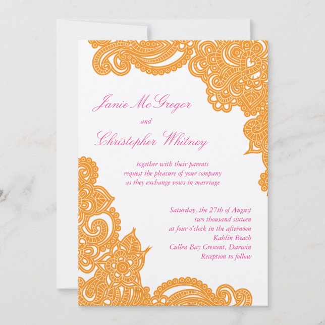 Pink & Orange Champagne Henna Wedding Invitations (Front)