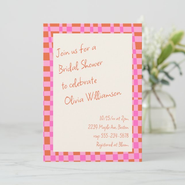 Pink Orange Chequerboard Bridal Shower Whimsical Invitation (Standing Front)
