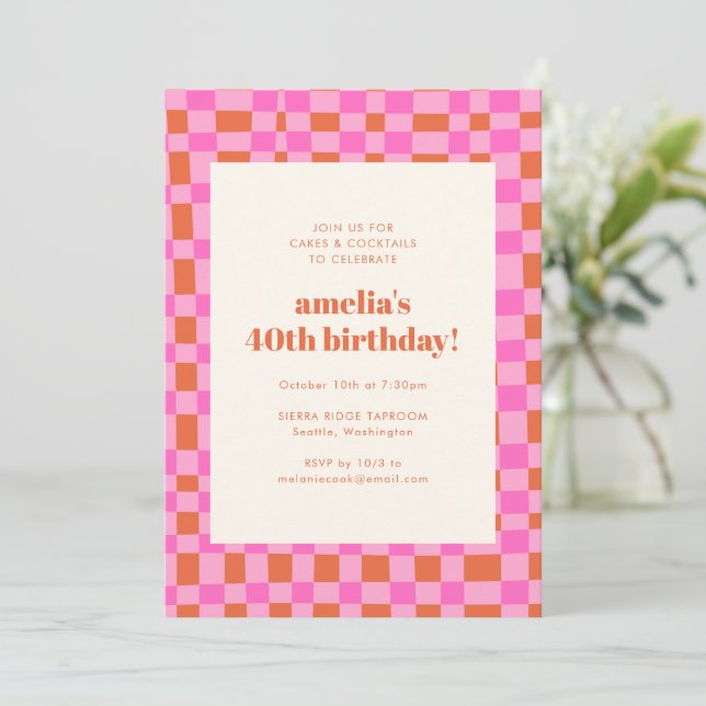Pink Orange Chequerboard Retro Bold 40th Birthday Invitation (Standing Front)