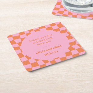 Pink Orange Chequered Retro Custom Couples Shower Square Paper Coaster