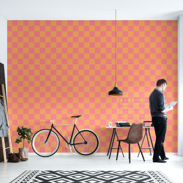 Pink Orange Chequered Wallpaper (Living Room)