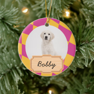 pink orange christmas holiday Custom Dog Photo Ceramic Tree Decoration