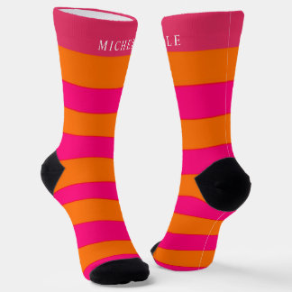Pink Orange Colour Block Lines Striped Custom Name Socks