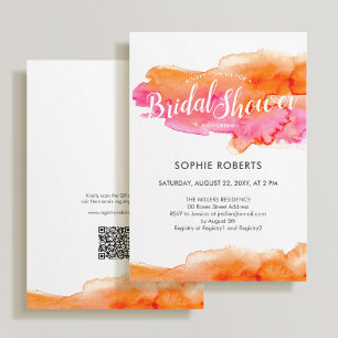 Pink Orange Colour Splash QR Code Bridal Shower Invitation
