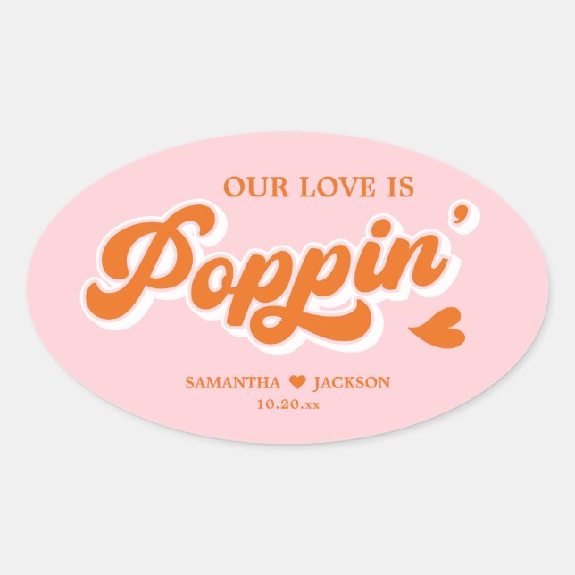 Pink Orange Colourful Wedding Popcorn Favour Oval Sticker (Front)