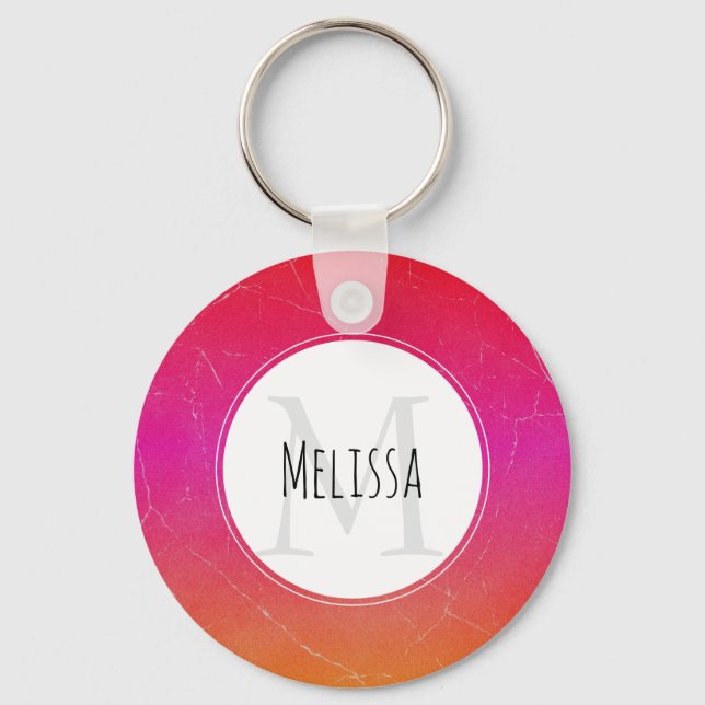 Pink & Orange Cool Gradient Abstract Art Monogram Key Ring (Front)
