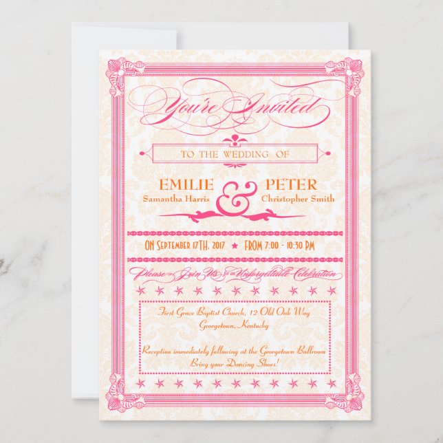 Pink & Orange Damask Poster-Style Wedding Invite (Front)