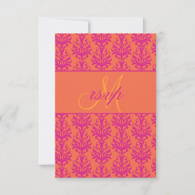 Pink Orange Damask Wedding RSVP for Square Invites (Front)