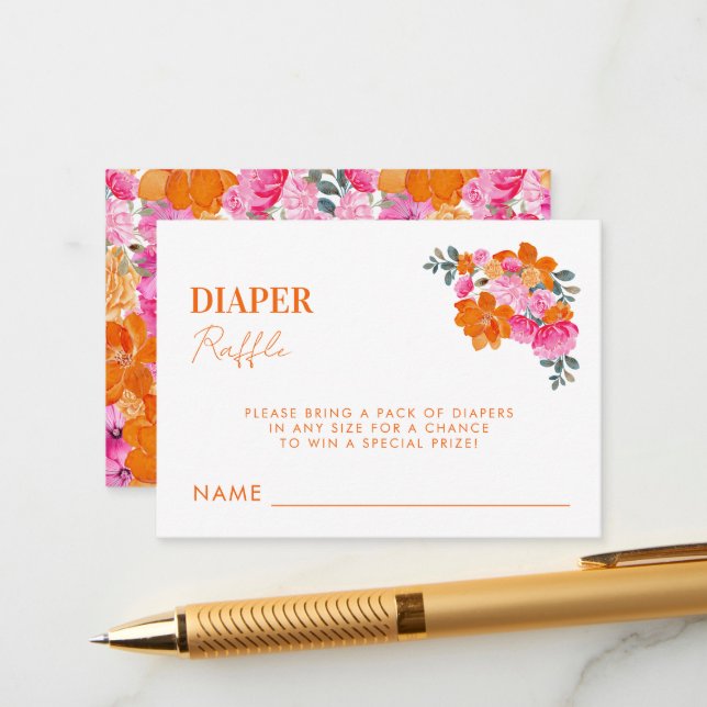 Pink Orange Diaper Raffle Girl Baby Shower Game Enclosure Card (Front/Back In Situ)