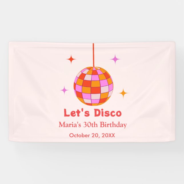 Pink Orange  Disco Ball Let's Disco Birthday Party Banner (Horizontal)