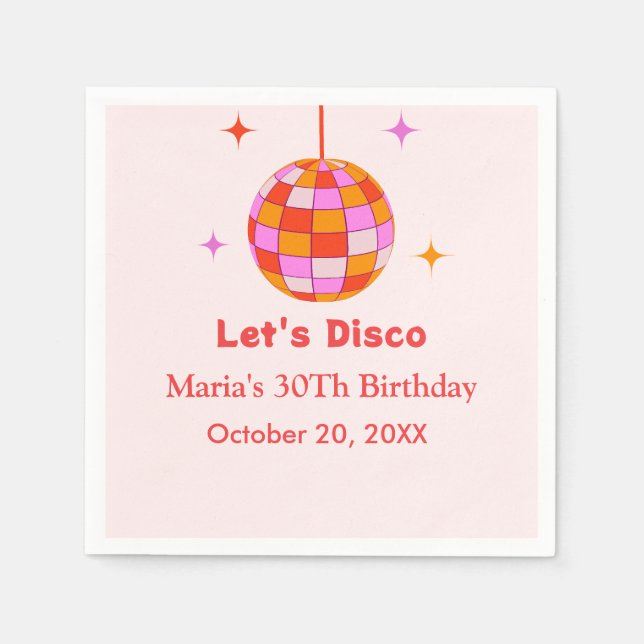 Pink Orange  Disco Ball Let's Disco Birthday Party Napkin (Front)