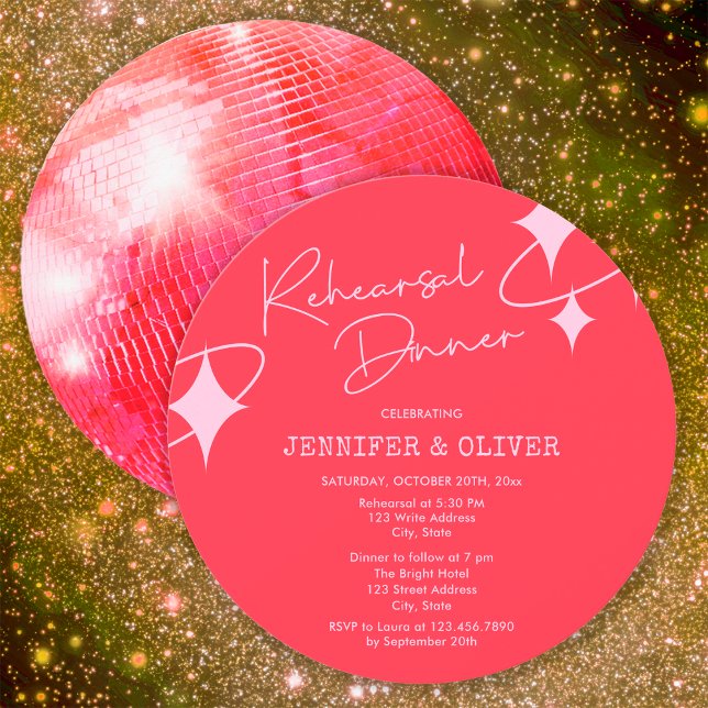 Pink Orange Disco Ball Wedding Rehearsal Dinner Invitation (Front and Back
)