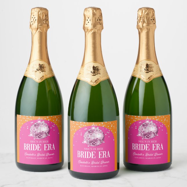 Pink Orange Disco Bride Era Bridal Shower Sparkling Wine Label (Bottles)