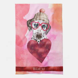Pink Orange Dog Lover Valentine Gift Dalmatian Tea Towel