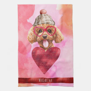 Pink Orange Dog Lover Valentine Gift Poodle Tea Towel