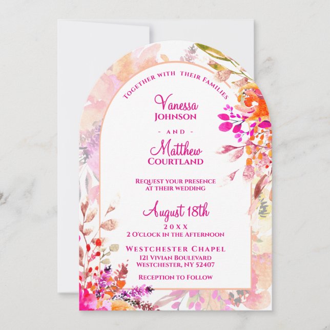 Pink Orange Elegant Floral Arch Shape Wedding Invitation (Front)