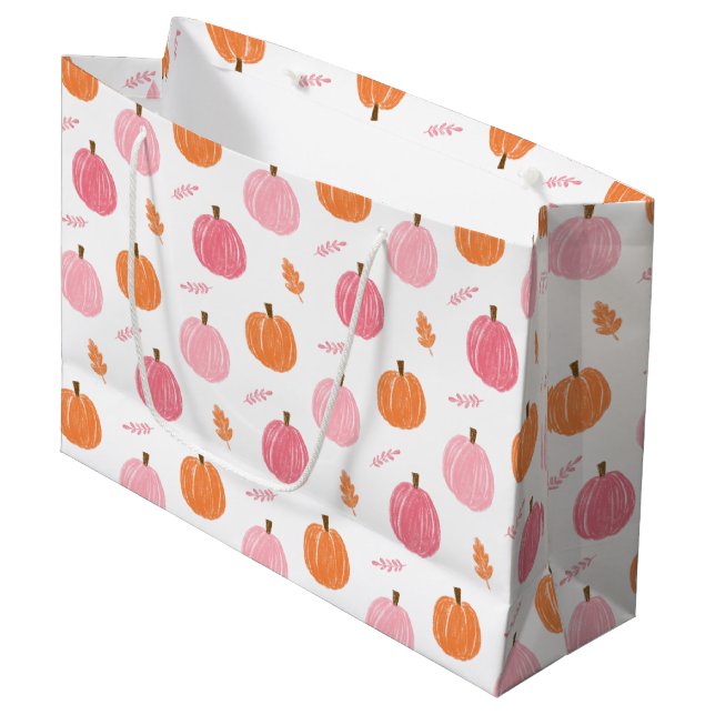 Pink Orange Fall Pumpkin Leaves Pattern Large Gift Bag (Front Angled)