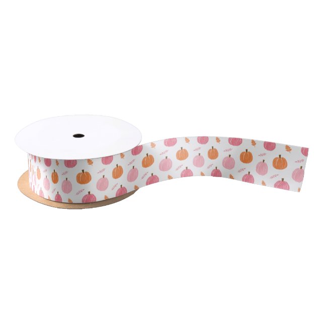Pink Orange Fall Pumpkin Leaves Pattern Satin Ribbon (Spool)