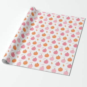 Pink Orange Fall Pumpkin Leaves Pattern Wrapping Paper