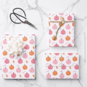 Pink Orange Fall Pumpkin Leaves Pattern Wrapping Paper Sheet