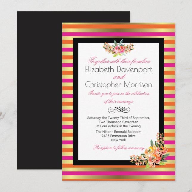 Pink, Orange & Faux Gold Metallic Stripes Wedding Invitation (Front/Back)