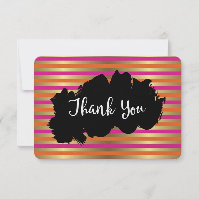 Pink, Orange & Faux Metallic Gold Stripe Thank You (Front)
