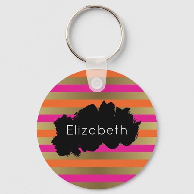 Pink, Orange & Faux Metallic Gold Stripes Key Ring (Front)