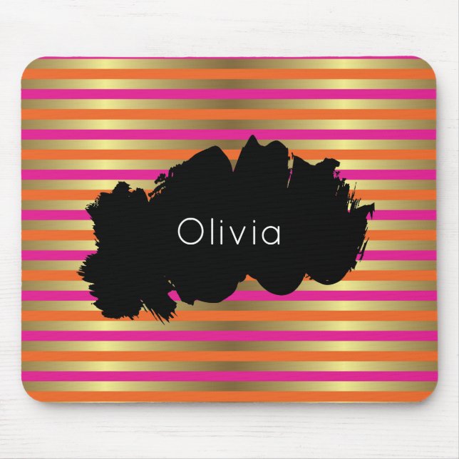 Pink, Orange & Faux Metallic Gold Stripes Mouse Mat (Front)