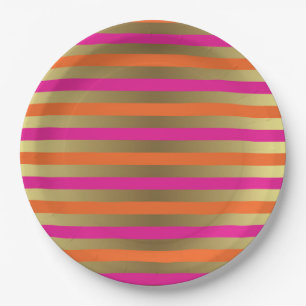 Pink, Orange & Faux Metallic Gold Stripes Paper Plate