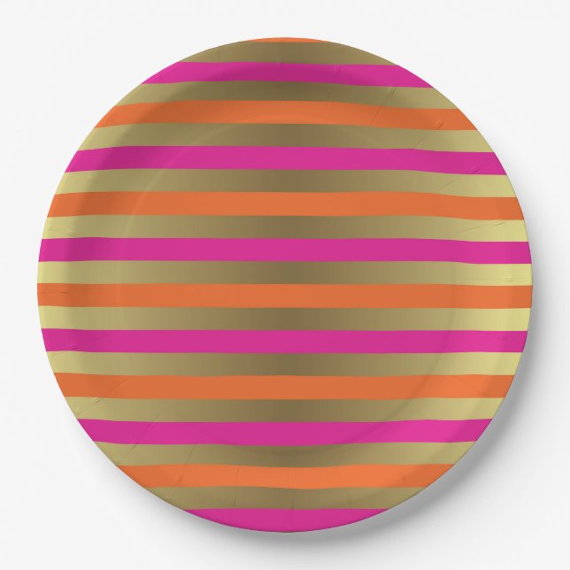 Pink, Orange & Faux Metallic Gold Stripes Paper Plate (Front)