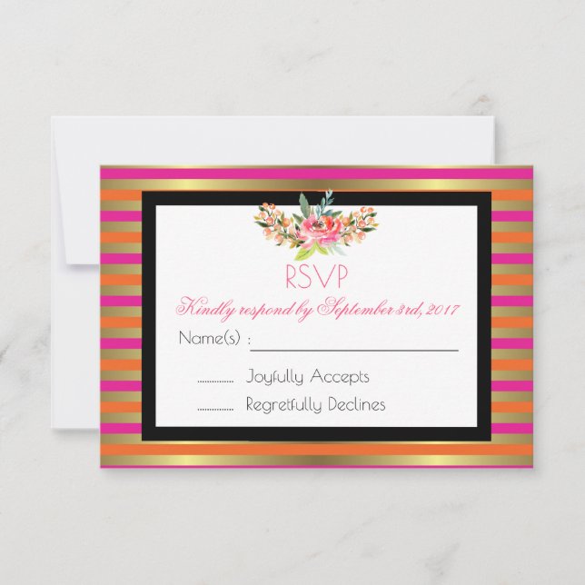 Pink, Orange & Faux Metallic Gold Stripes RSVP Card (Front)
