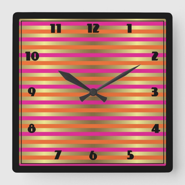 Pink, Orange & Faux Metallic Gold Stripes Square Wall Clock (Front)