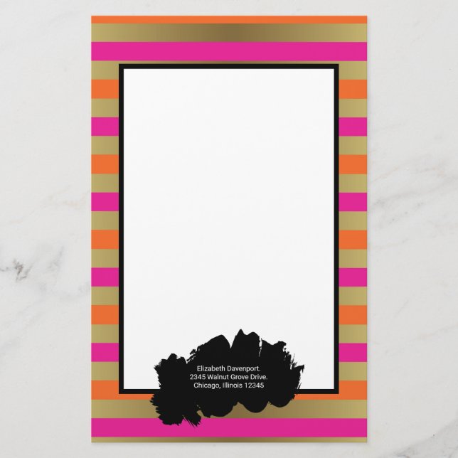 Pink, Orange & Faux Metallic Gold Stripes Stationery (Front)
