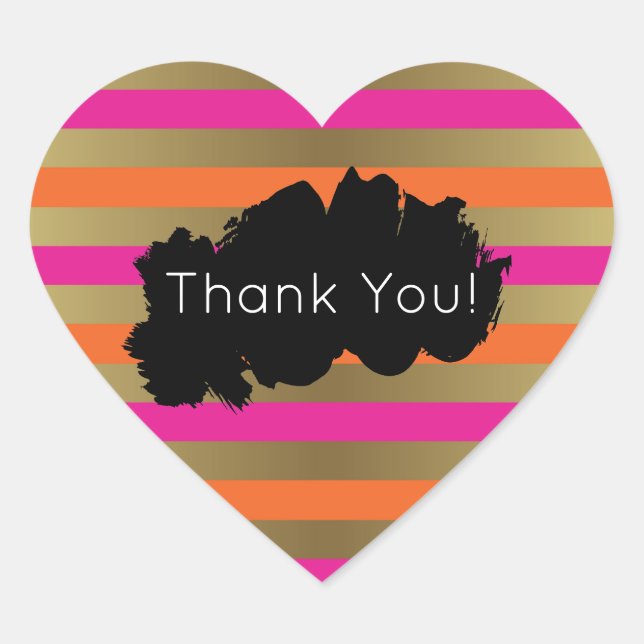 Pink, Orange & Faux Metallic Gold Stripes Thanks Heart Sticker (Front)