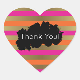 Pink, Orange & Faux Metallic Gold Stripes Thanks Heart Sticker