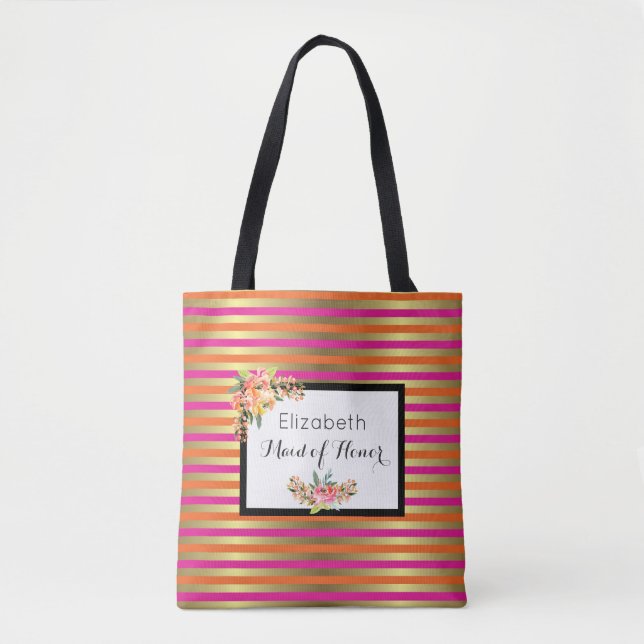 Pink, Orange & Faux Metallic Stripes w/ Florals Tote Bag (Front)