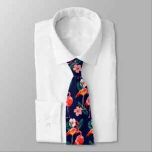 Pink Orange Flamingo Pattern on Navy Blue Tie