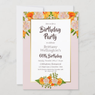 Pink Orange Floral 60th Birthday Party Invitation