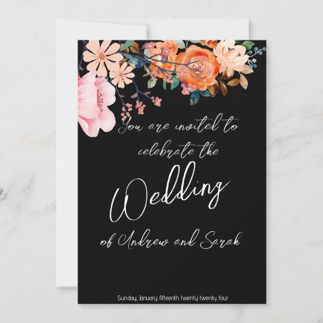 Pink  & Orange Floral and Gold Wedding Invitation (Front)