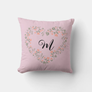 Pink Orange Floral and Greenery Heart Monogram Cushion