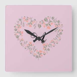 Pink Orange Floral and Greenery Heart Monogram     Square Wall Clock