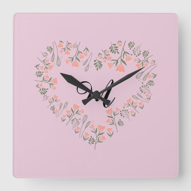 Pink Orange Floral and Greenery Heart Monogram     Square Wall Clock (Front)