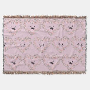 Pink Orange Floral and Greenery Heart Monogram Throw Blanket