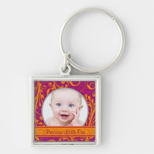 Pink Orange Floral Baby Photo Template Keychain (Front)