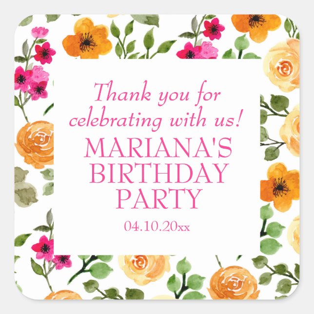 Pink Orange Floral Birthday Party Favour Square Sticker (Front)