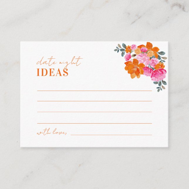 Pink Orange Floral Bridal Shower Date Night Ideas Enclosure Card (Front)