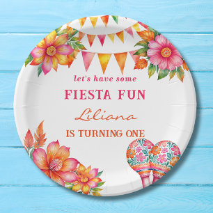 Pink Orange Floral Colorful Fiesta 1st Birthday Paper Plate