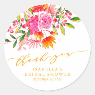 Pink Orange Floral Custom Bridal Shower Thank You Classic Round Sticker