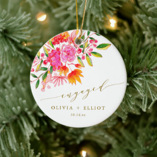 Pink Orange Floral Custom Engagement Christmas Ceramic Tree Decoration
