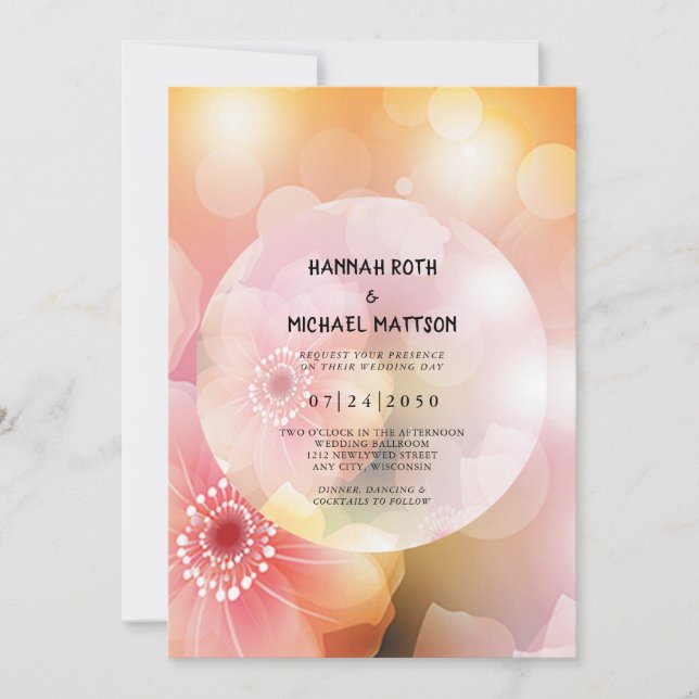 Pink Orange Floral Elegant Romantic Glow Wedding Announcement (Front)